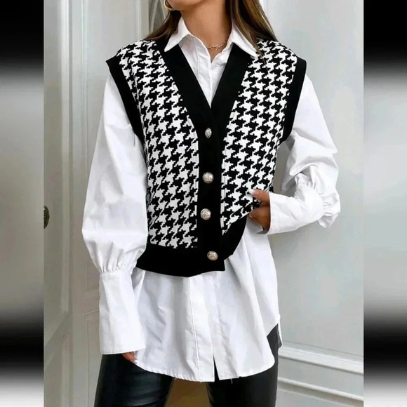 Spring Houndstooth Print Vest Jacket Without Blouse - Picture 4 of 7
